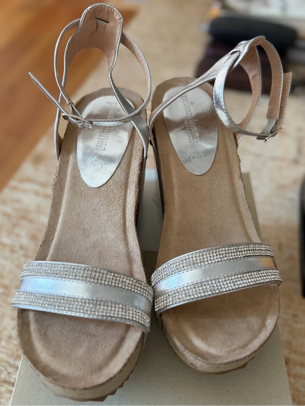 Metallic Silver Rhinestone-Trim Ankle-Strap Wedge Sandals